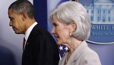 
              FILE - In this Feb. 10, 2012, file photo, President Barack Obama and Health and Human Services  Secretary Kathleen Sebelius leave the Brady Press Briefing Room of the White House in Was
